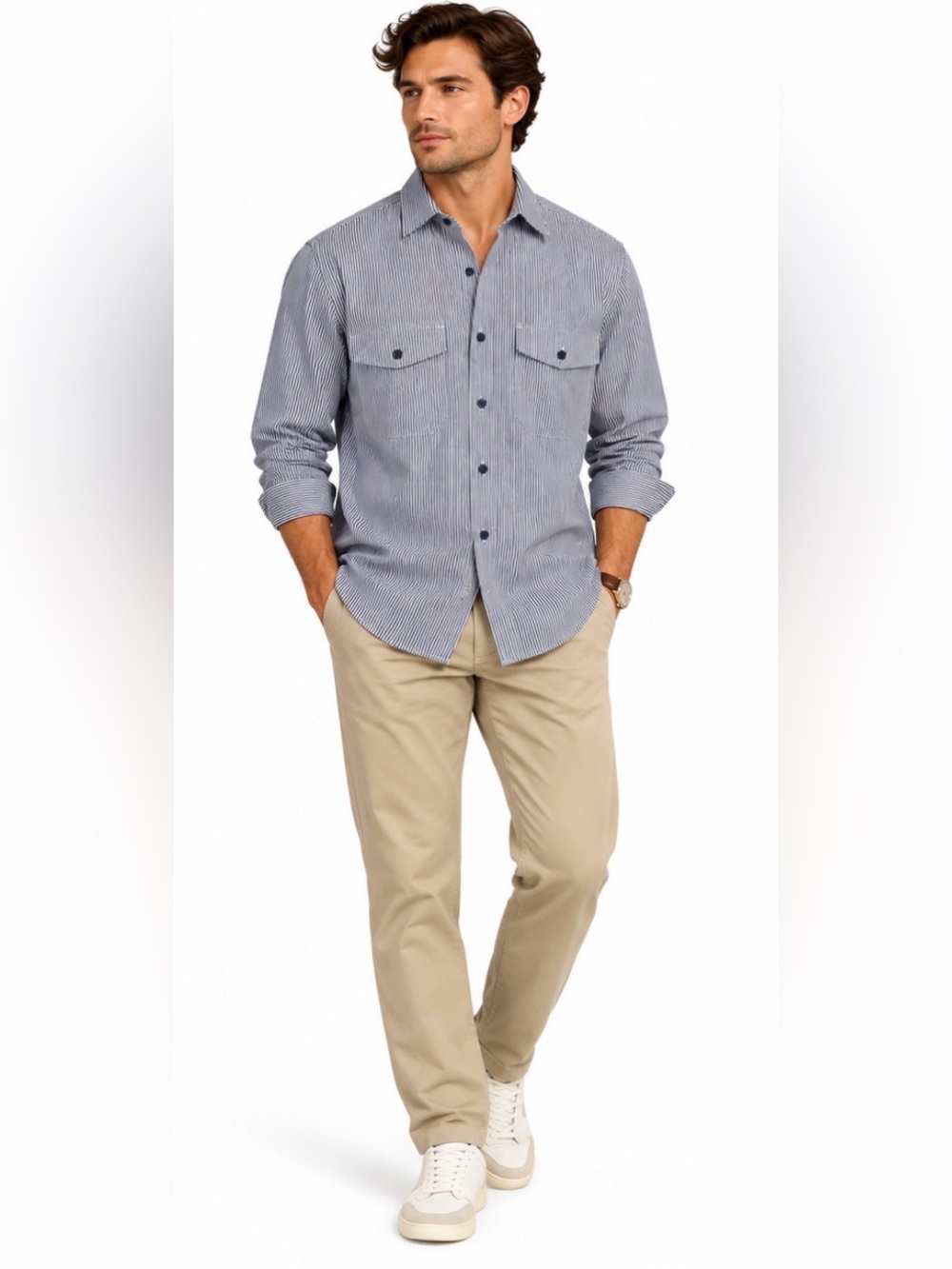 Lorenzo Uomo Men's Button Down Navy and White Pinstripe Shirt
